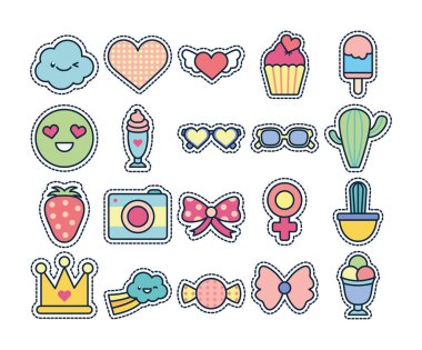 Cute elements line fill style icon set vector design