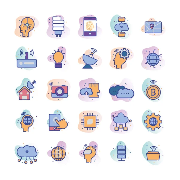 Technology and internet line fill block style icon set vector design — Stock Vector