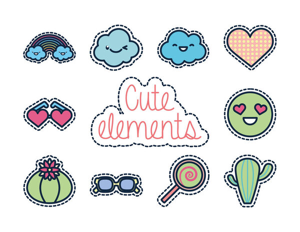 Cute elements line fill style icon set vector design