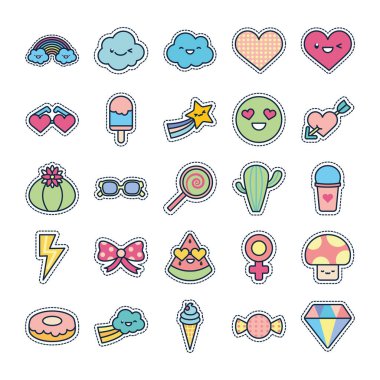 Cute elements line fill style icon set vector design