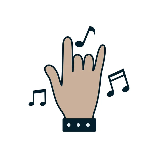 Rock hand with music notes line and fill style icon vector design — ストックベクタ