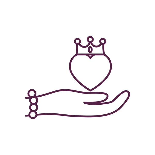 手のラインスタイルのアイコンのベクトルデザイン上の王冠と隔離された心 — ストックベクタ