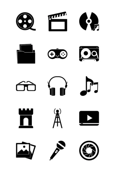 Multimedia and technology silhouette style icon set vector design — 图库矢量图片