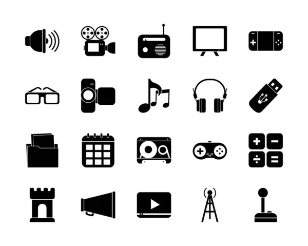 Multimedia and technology silhouette style icon set vector design — Stok Vektör