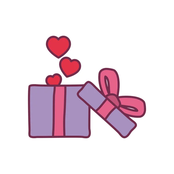 Hearts inside gift with bowtie line and fill style icon vector design — Stockový vektor