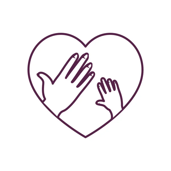 아기와 엄마의 손을 심장 라인 스타일 아이콘 벡터 디자인에 넣는 모습 — 스톡 벡터