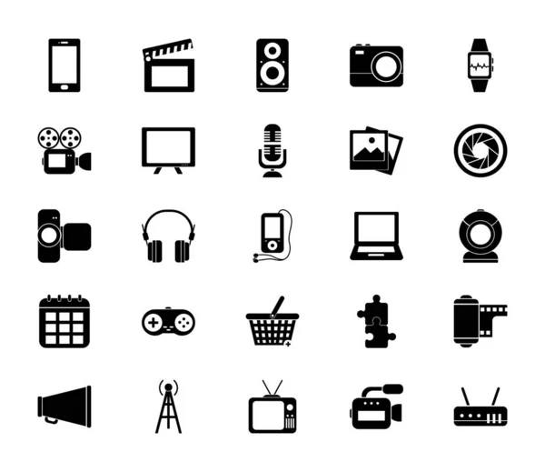 Multimedia and technology silhouette style icon set vector design — 图库矢量图片