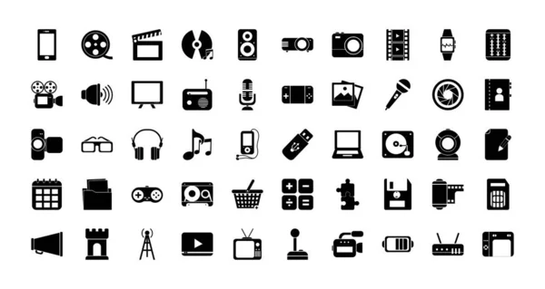 Multimedia and technology silhouette style icon set vector design — Wektor stockowy