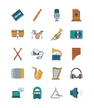 müzik satırı ve doldurma biçimi simgesi set vektör tasarımı