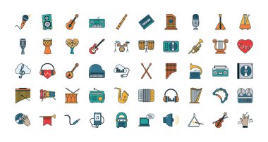 müzik satırı ve doldurma biçimi simgesi set vektör tasarımı