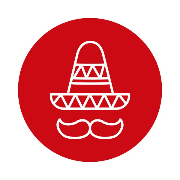 Cappello messicano con disegno vettoriale icona stile blocco baffi — Vettoriale Stock