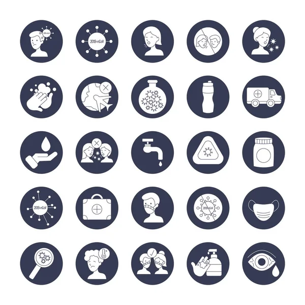 Covid 19 y conjunto de iconos de lavado de manos, estilo bloque — Archivo Imágenes Vectoriales