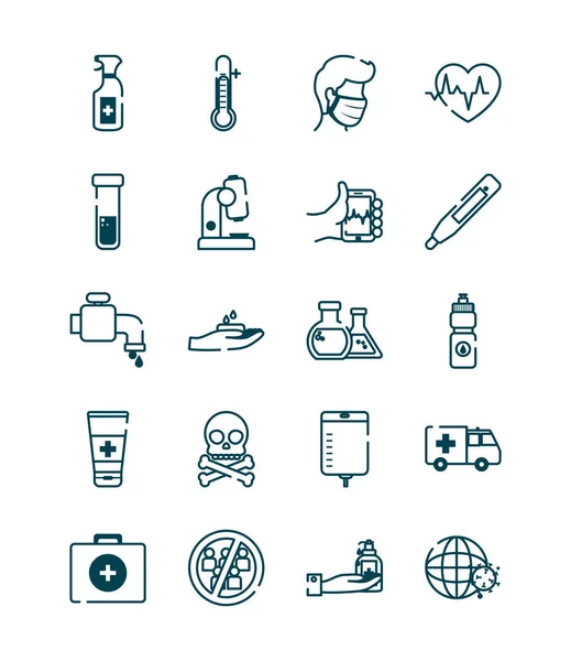 Ambulancia y covid 19 concepto icono conjunto, estilo de línea — Archivo Imágenes Vectoriales