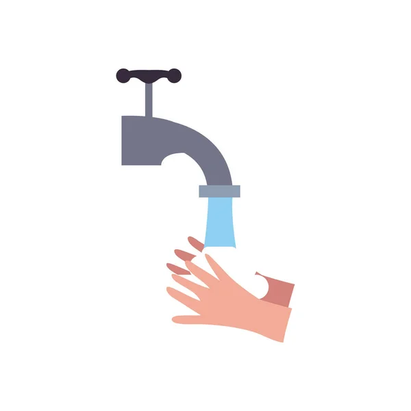 Handwas concept, waterkraan en handen pictogram, platte stijl — Stockvector