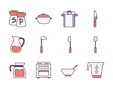 İzole edilmiş mutfak ve pişirme hattı ve biçim ikonu vektör dizaynı