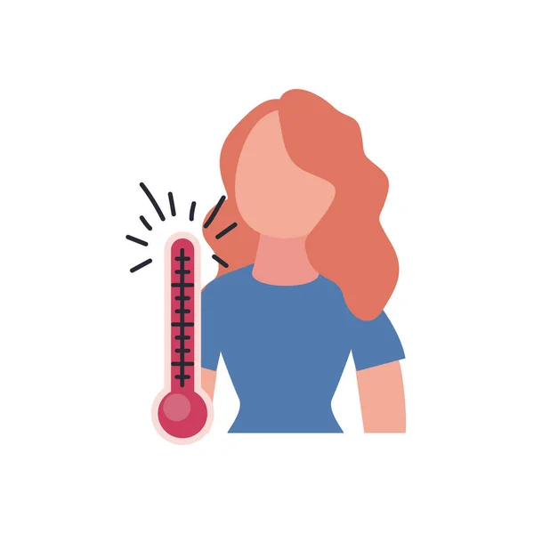 発熱シンボルアイコンを持つ女性のcovid 19コンセプトフラットスタイル — ストックベクタ