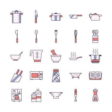 İzole edilmiş mutfak ve pişirme hattı ve biçim ikonu vektör dizaynı