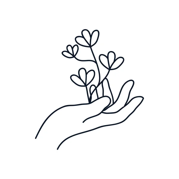 Delicate hand with leaves icon, line style — Stock Vector