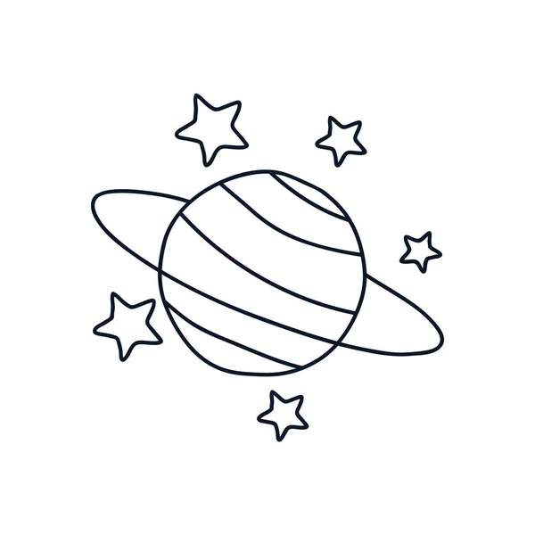 Saturierter Planet und Sterne-Ikone, Linienstil, minimalistisches Tätowierkonzept — Stockvektor