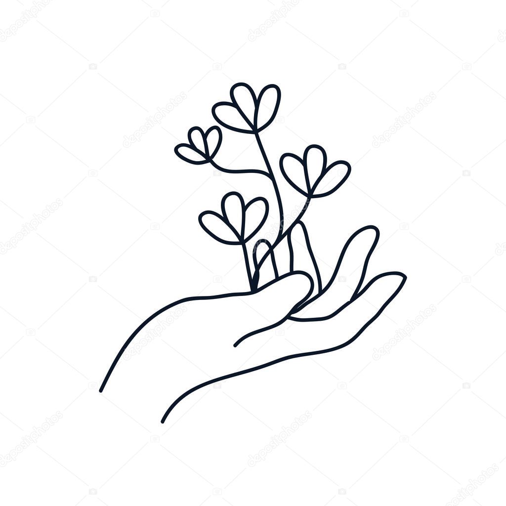 delicate hand with leaves icon, line style