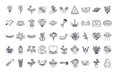 minimalist dövme konsepti simgesi seti, satır biçimi