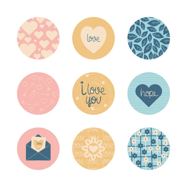 Collage en liefde platte blok stijl pictogram set vector ontwerp — Stockvector