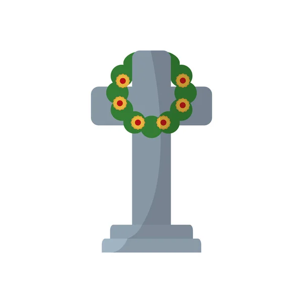 Kereszt rip virágokkal korona lapos stílusú ikon vektor design — Stock Vector