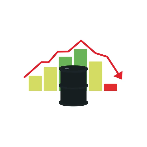 Barril de óleo e gráfico gráfico gráfico de barras com ícone de seta para baixo, estilo plano — Vetor de Stock