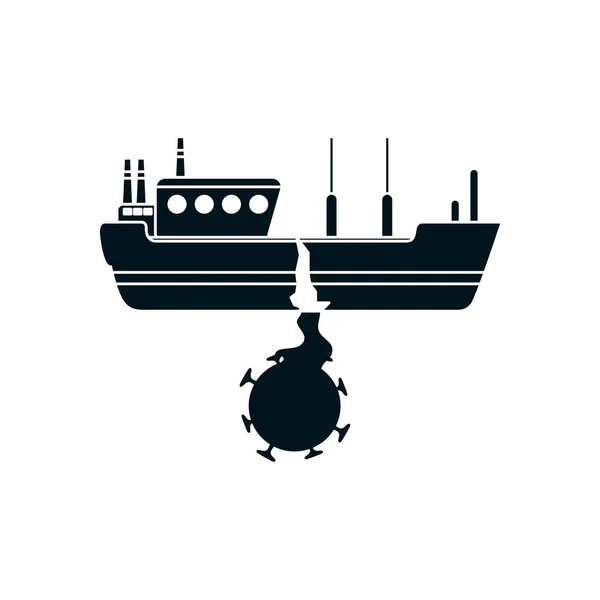 Ship with covid 19 symbol, over white background, silhouette style, the oil crash concept design, silhouette style — Stock Vector