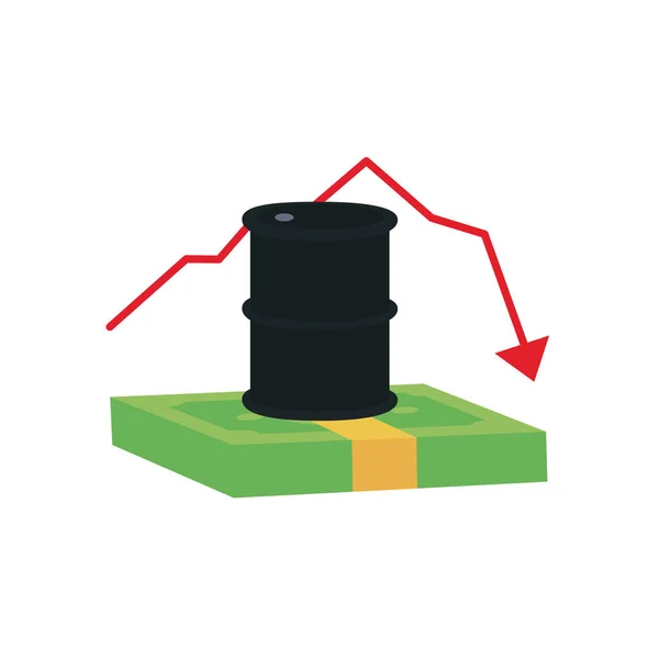 Wad de dinheiro e barril de óleo com ícone de seta financeira diminuição, estilo plano — Vetor de Stock