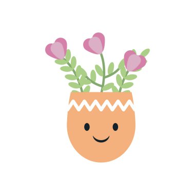 Kawaii çiçekleri çömlek düz stil vektör tasarımı içinde