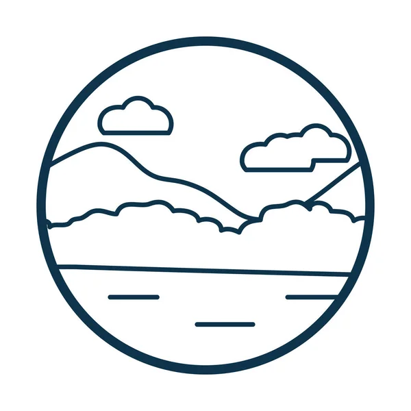 Montaña y nubes línea estilo icono vector diseño — Vector de stock