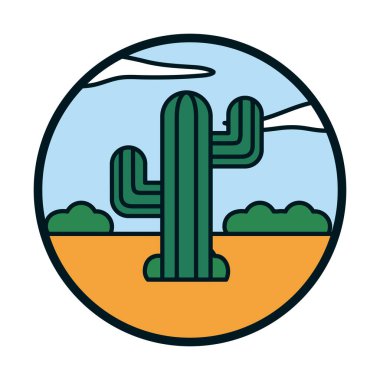 Kaktüs çalıları ve bulutlar çizgi halinde ve biçim ikon vektör tasarımı