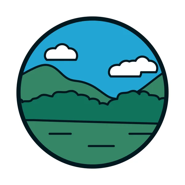 Montaña y nubes línea y relleno icono de estilo diseño de vectores — Vector de stock