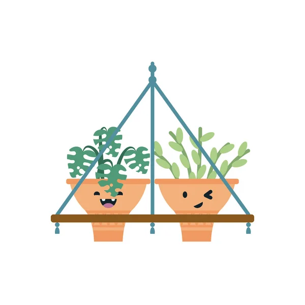 Kawaii colgador plantas dentro de macetas de estilo plano icono de diseño de vectores — Vector de stock