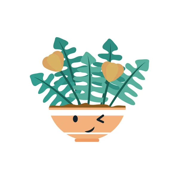 Kawaii blommor och blad inuti potten platt stil ikon vektor design — Stock vektor