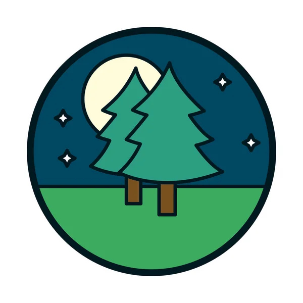 Çam ağaçları ay ve yıldızlar çizgi halinde ve biçim ikonu vektör tasarımı — Stok Vektör
