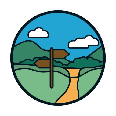 Yol işareti yolu fundalıklar ve bulutlar çizgi ve biçim ikon vektör tasarımı