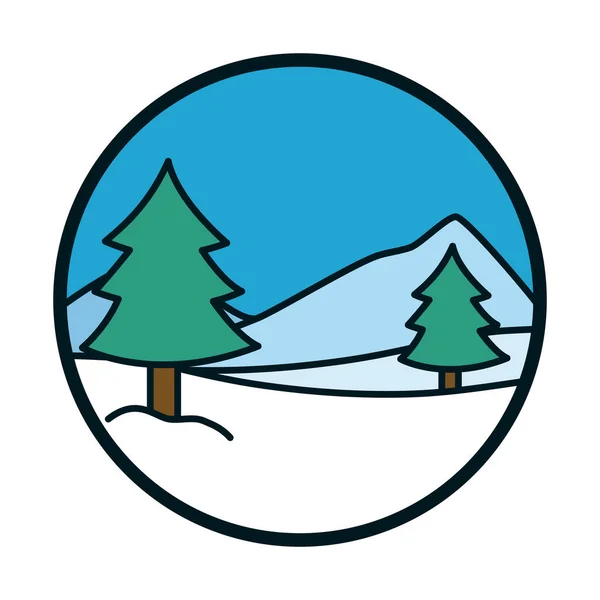 Árboles de pino y la línea de nieve y relleno icono de diseño de vectores — Vector de stock