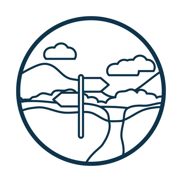 Chemin de signalisation arbustes et nuages style ligne icône vectoriel design — Image vectorielle