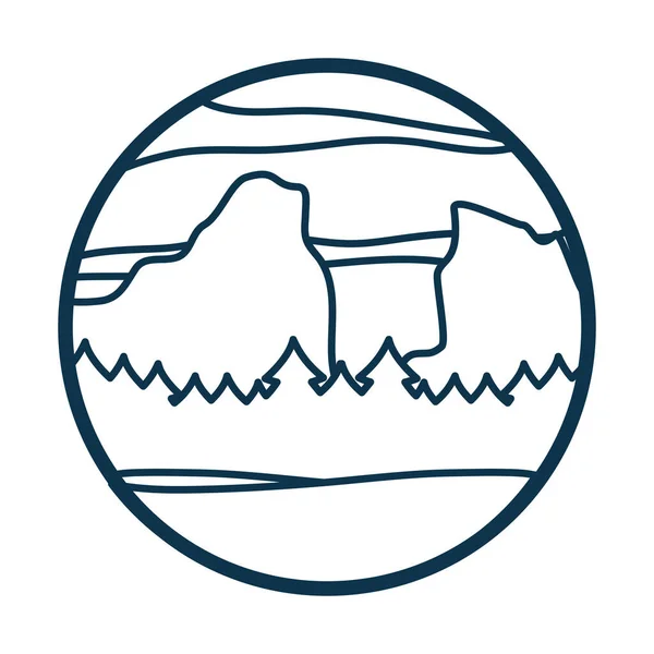 Montaña y pinos línea estilo icono vector diseño — Vector de stock
