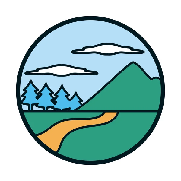 Montaña y pinos línea y relleno icono de estilo diseño de vectores — Vector de stock