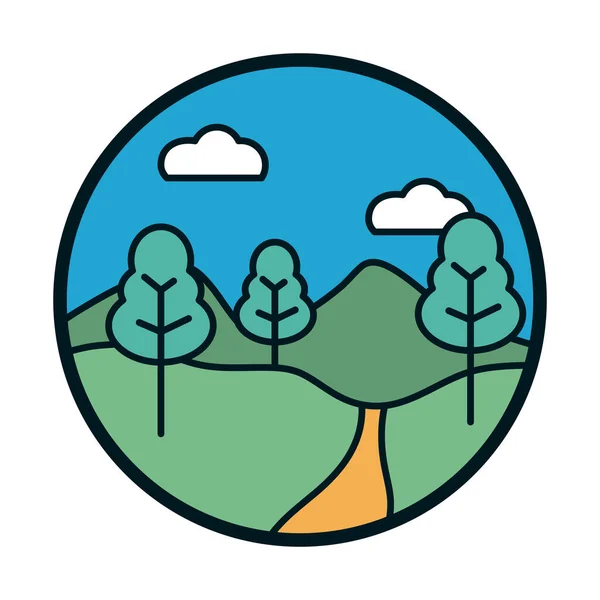 Ağaçlar yol ve bulutlar çizgi ve biçim ikonu vektör tasarımı — Stok Vektör