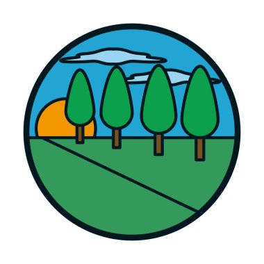 Güneş ve ağaçlar çizgi ve biçim ikonu vektör tasarımı