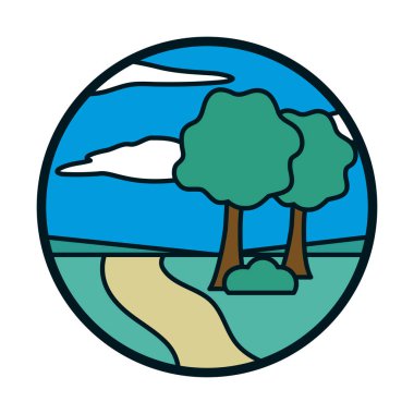 Ağaçlar yol ve bulutlar çizgi ve biçim ikonu vektör tasarımı