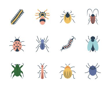 Örümcek ve böcek simgesi seti, düz stil