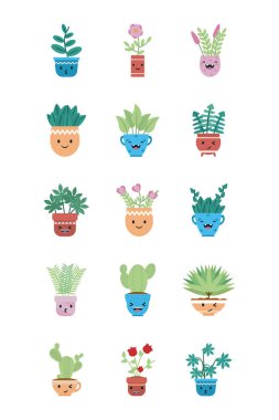 Kawaii bitkileri tencerelerin içinde düz biçim ikon vektör tasarımı