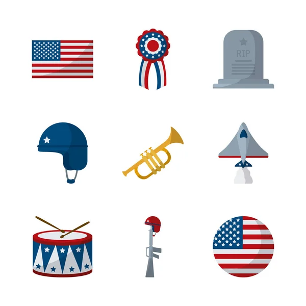 Memorial day flat style icon set vectoriel design — Image vectorielle