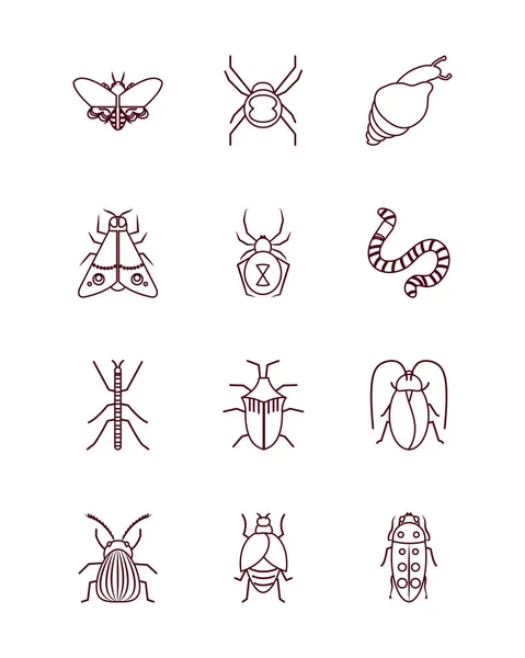 Conjunto de ícones de vermes e insetos, estilo de linha — Vetor de Stock