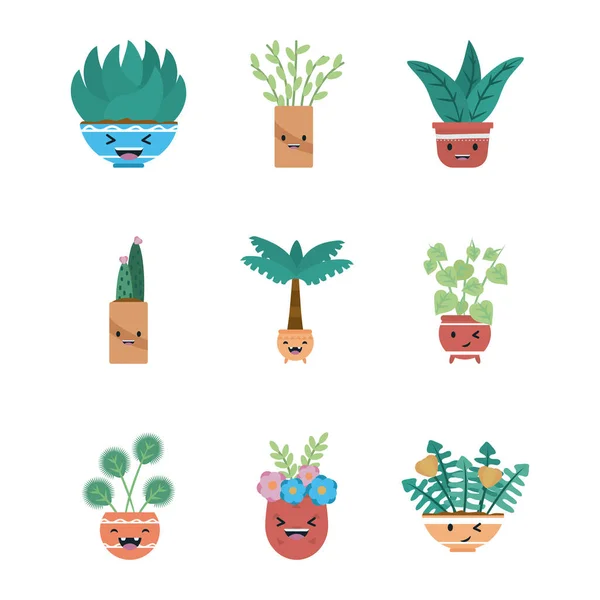 Plantas Kawaii dentro de vasos design de vetor ícone de estilo plano —  Vetores de Stock